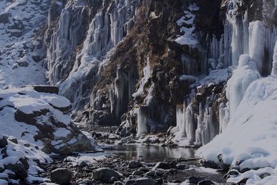 Panoramic shot of frozen waterfall
