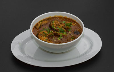 High angle view of soup in bowl on table