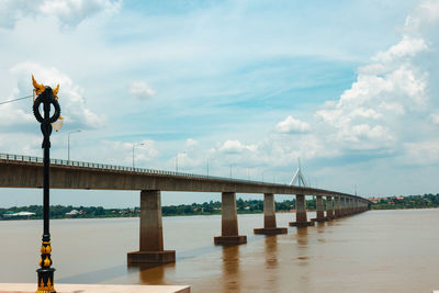 Bridge over river against sky in city