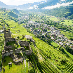 High angle view of buildings on field