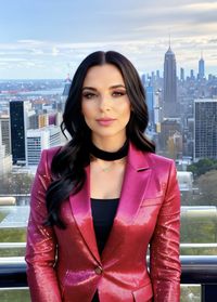 Portrait of young woman standing against buildings