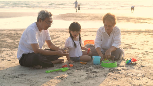 Rear view of people sitting on beach