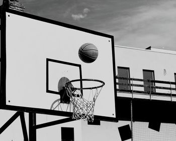 Basket ball over hoop on sunny day