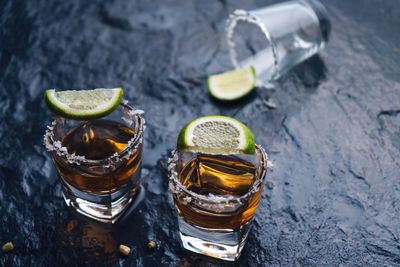 High angle view of whiskey on table