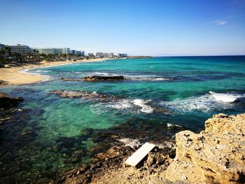 Scenic view of sea against clear sky