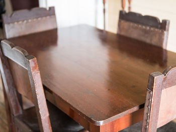 Close up of wooden table and chairs on table