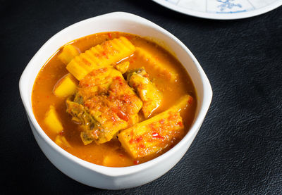 High angle view of soup in bowl on table