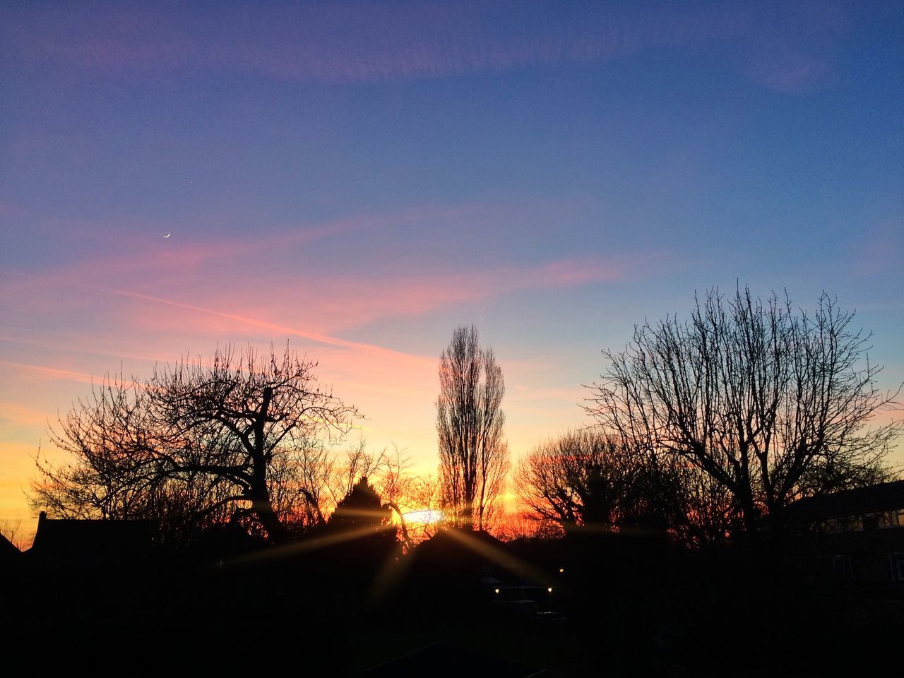 sunset, silhouette, tree, sky, bare tree, orange color, beauty in nature, scenics, sun, tranquility, nature, cloud - sky, tranquil scene, sunlight, car, low angle view, transportation, built structure, outdoors, no people