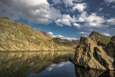 Scenic view of lake and mountains against sky