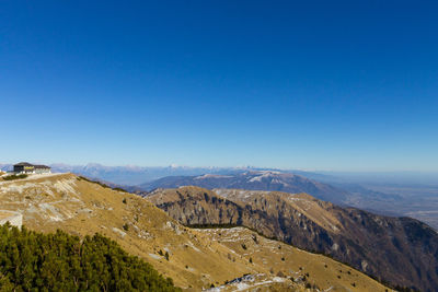 Scenic view of mountains against clear blue sky