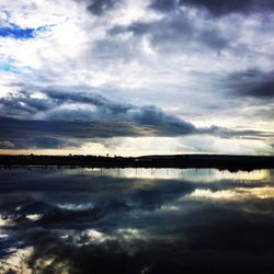 Scenic view of calm lake against cloudy sky
