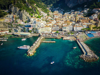 Aerial view of the cathedral and the city of amalfi, italy