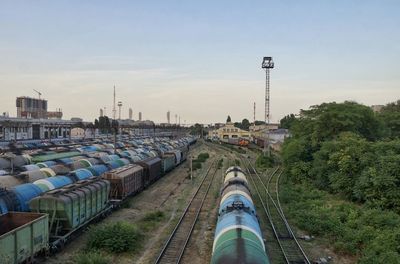 High angle view of train against sky at sunset