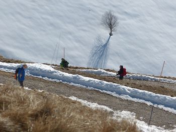 People on snow covered land