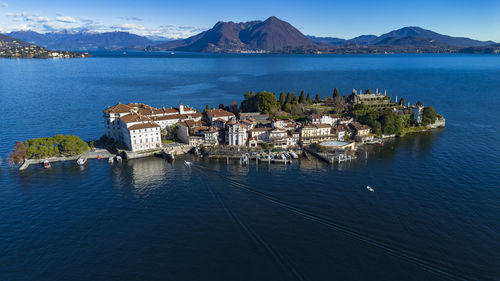 High angle view of sea against mountain