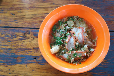 High angle view of soup in bowl on table