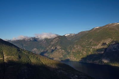 Scenic view of lake and mountains against blue sky