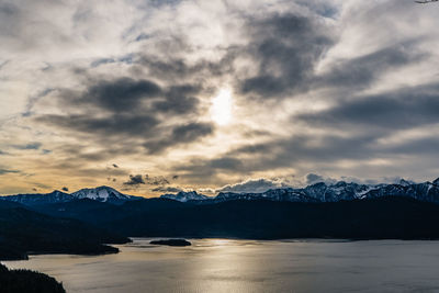 Scenic view of snowcapped mountains against sky during sunset