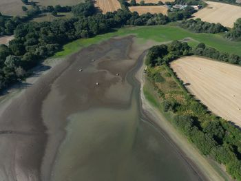 High angle view of a reservoir in drought.  weir wood reservoir, sussex england. 