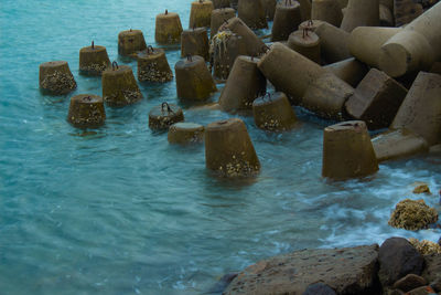 High angle view of rocks on beach