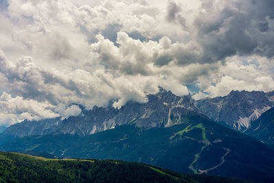 Panoramic view of the sexten dolomites, italy.