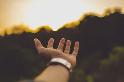 Close-up of hand against sky