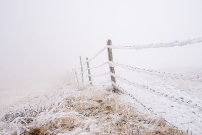 Scenic view of snow covered land against clear sky