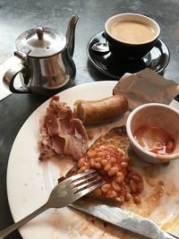 High angle view of breakfast on table