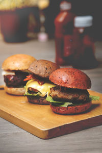 Close-up of burger on cutting board