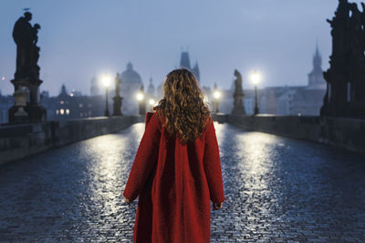 Rear view of woman standing on bridge against cityscape