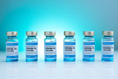 Close-up of blue bottles