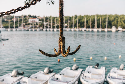 Rusty anchor with a harbour background