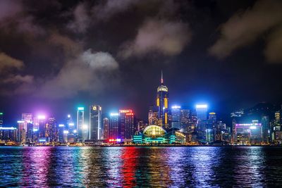 Illuminated buildings by river against cloudy sky