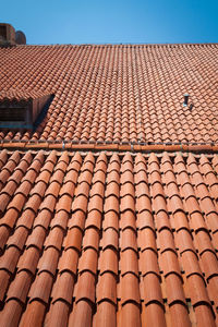 Low angle view of roof tiles against building