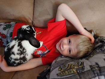 Boy and rabbit lying on sofa at home