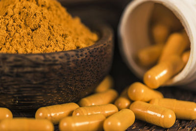 Close-up of spices in container on table