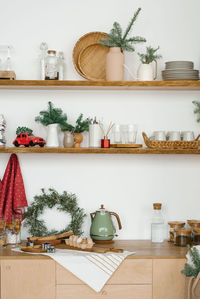Winter kitchen with red and turquoise decorations, christmas kitchen utensils