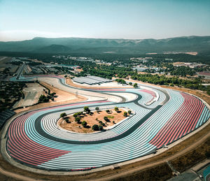 Aerial view of race track against sky