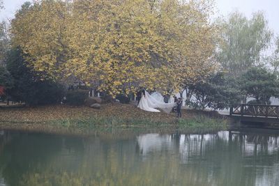 Scenic view of lake with trees in the background