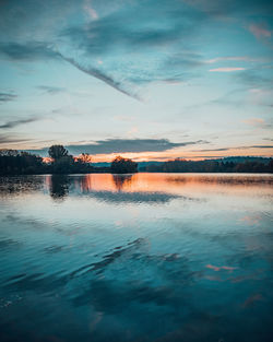 Scenic view of lake against sky during sunset