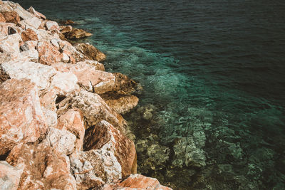 High angle view of rock formation in sea