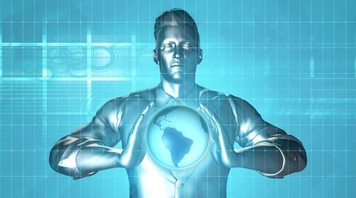 Digital composite image of man standing against blue background