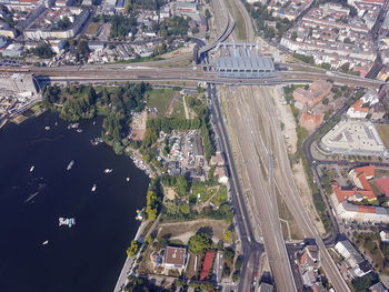 High angle view of cityscape by road in city