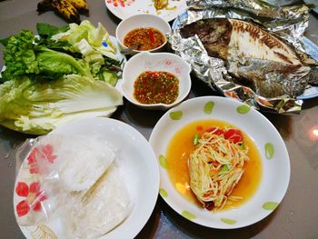 High angle view of meal served on table