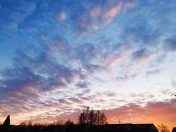 Low angle view of silhouette trees against dramatic sky