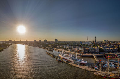 High angle view of river and buildings against sky during sunset