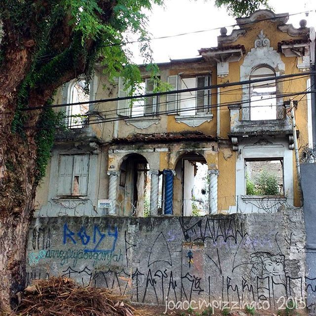 architecture, built structure, building exterior, abandoned, window, old, damaged, obsolete, run-down, deterioration, weathered, house, tree, bad condition, building, low angle view, residential structure, wall - building feature, residential building, day