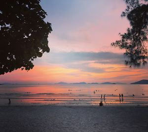 Silhouette of people on beach at sunset