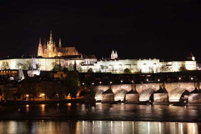 Illuminated buildings by river at night