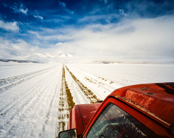 Snow covered landscape against sky